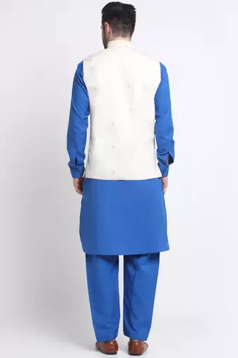 Men Cotton Royal Blue Pathani Kurta & Salwar with White Nehru Jacket
