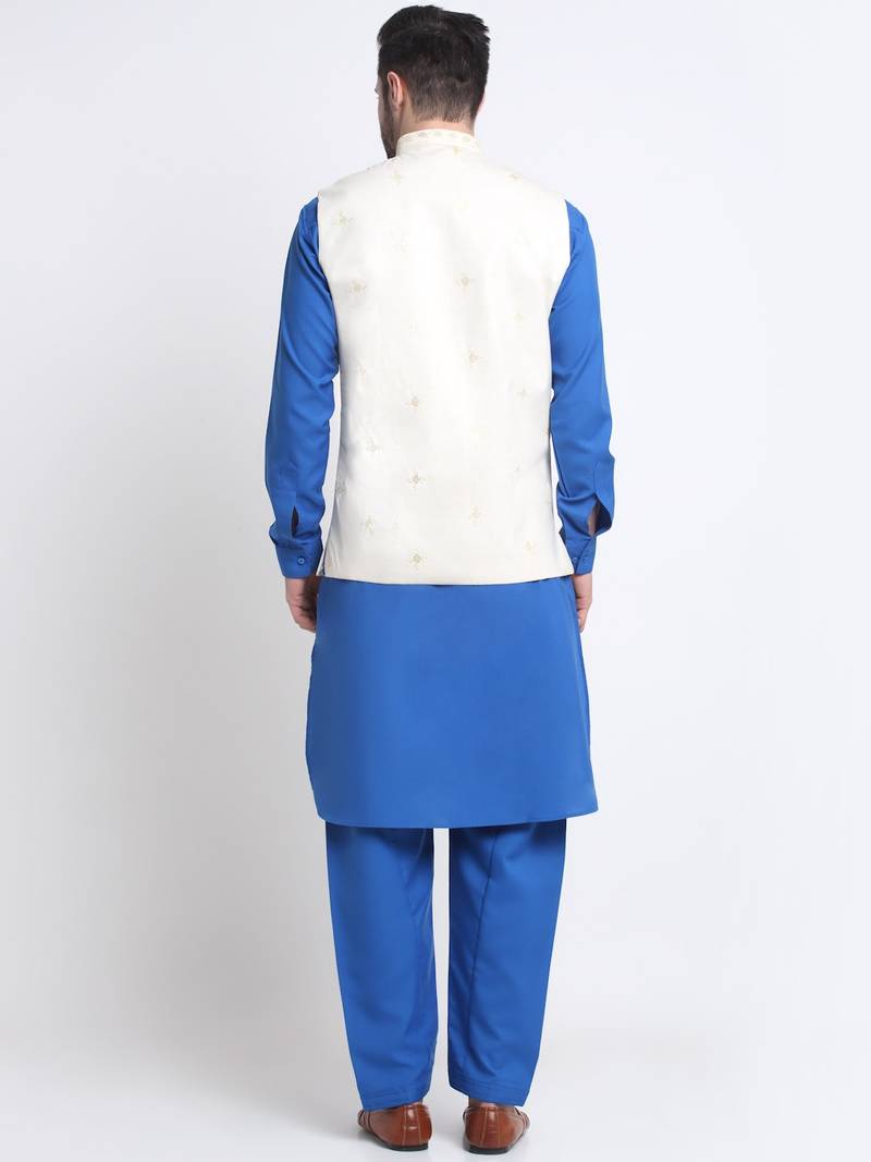 Men Cotton Royal Blue Pathani Kurta & Salwar with White Nehru Jacket