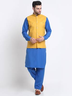 Men Cotton Royal Blue Pathani Kurta & Salwar with Yellow Nehru Jacket 1