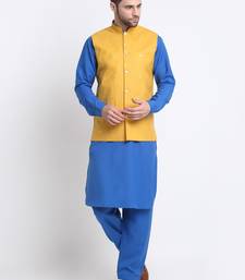 Men Cotton Royal Blue Pathani Kurta & Salwar with Yellow Nehru Jacket
