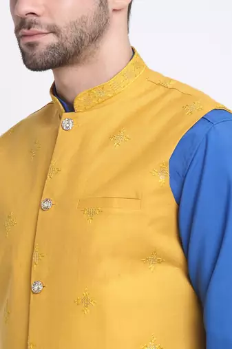 Men Cotton Royal Blue Pathani Kurta & Salwar with Yellow Nehru Jacket