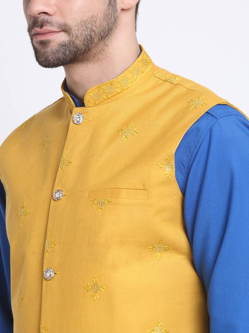 Men Cotton Royal Blue Pathani Kurta & Salwar with Yellow Nehru Jacket