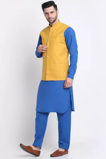Men Cotton Royal Blue Pathani Kurta & Salwar with Yellow Nehru Jacket