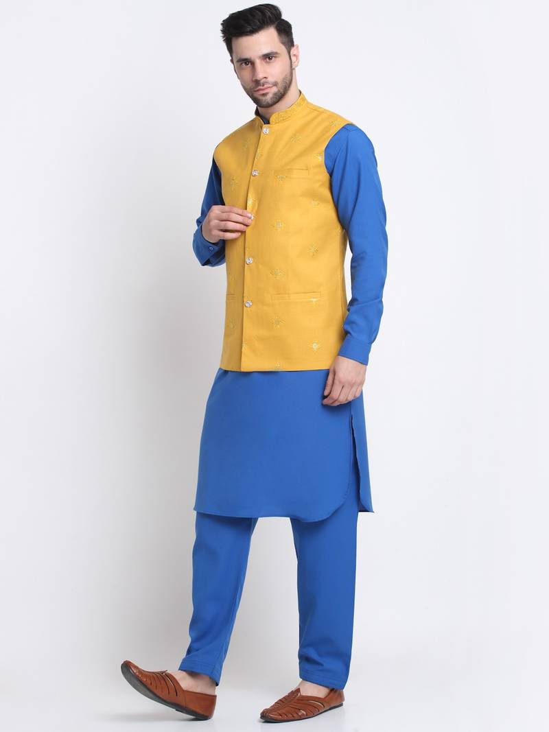 Men Cotton Royal Blue Pathani Kurta & Salwar with Yellow Nehru Jacket