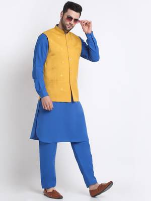 Men Cotton Royal Blue Pathani Kurta & Salwar with Yellow Nehru Jacket 4