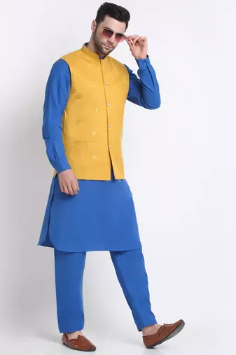 Men Cotton Royal Blue Pathani Kurta & Salwar with Yellow Nehru Jacket