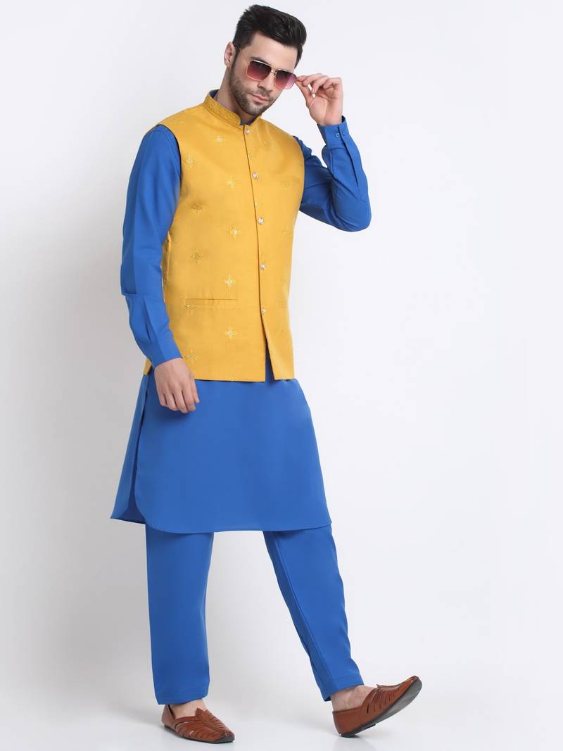 Men Cotton Royal Blue Pathani Kurta & Salwar with Yellow Nehru Jacket