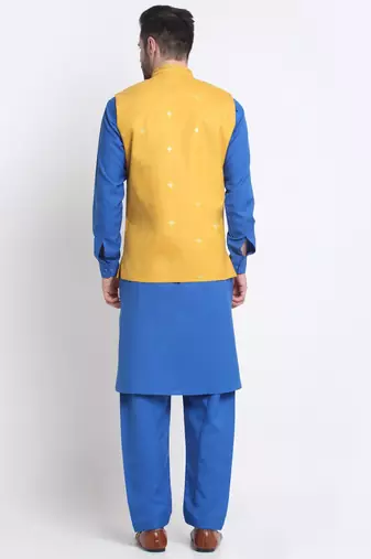 Men Cotton Royal Blue Pathani Kurta & Salwar with Yellow Nehru Jacket
