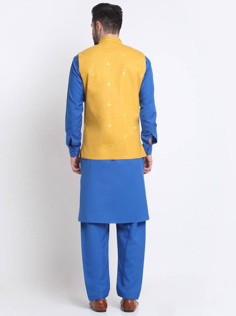 Men Cotton Royal Blue Pathani Kurta & Salwar with Yellow Nehru Jacket
