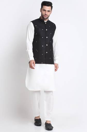 Men Cotton White Pathani Kurta & Salwar with Black Jacket