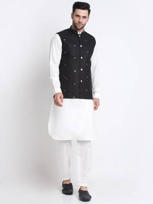 Men Cotton White Pathani Kurta & Salwar with Black Jacket 1