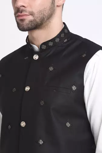 Men Cotton White Pathani Kurta & Salwar with Black Jacket