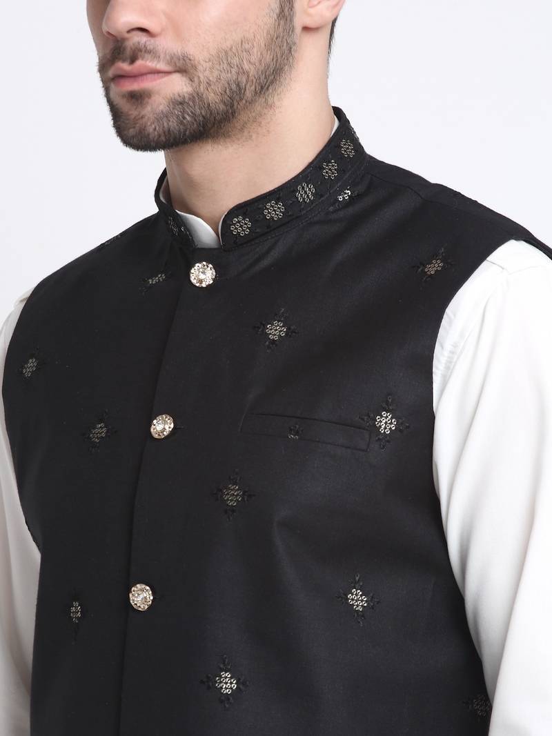 Men Cotton White Pathani Kurta & Salwar with Black Jacket