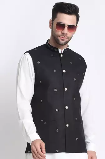 Men Cotton White Pathani Kurta & Salwar with Black Jacket