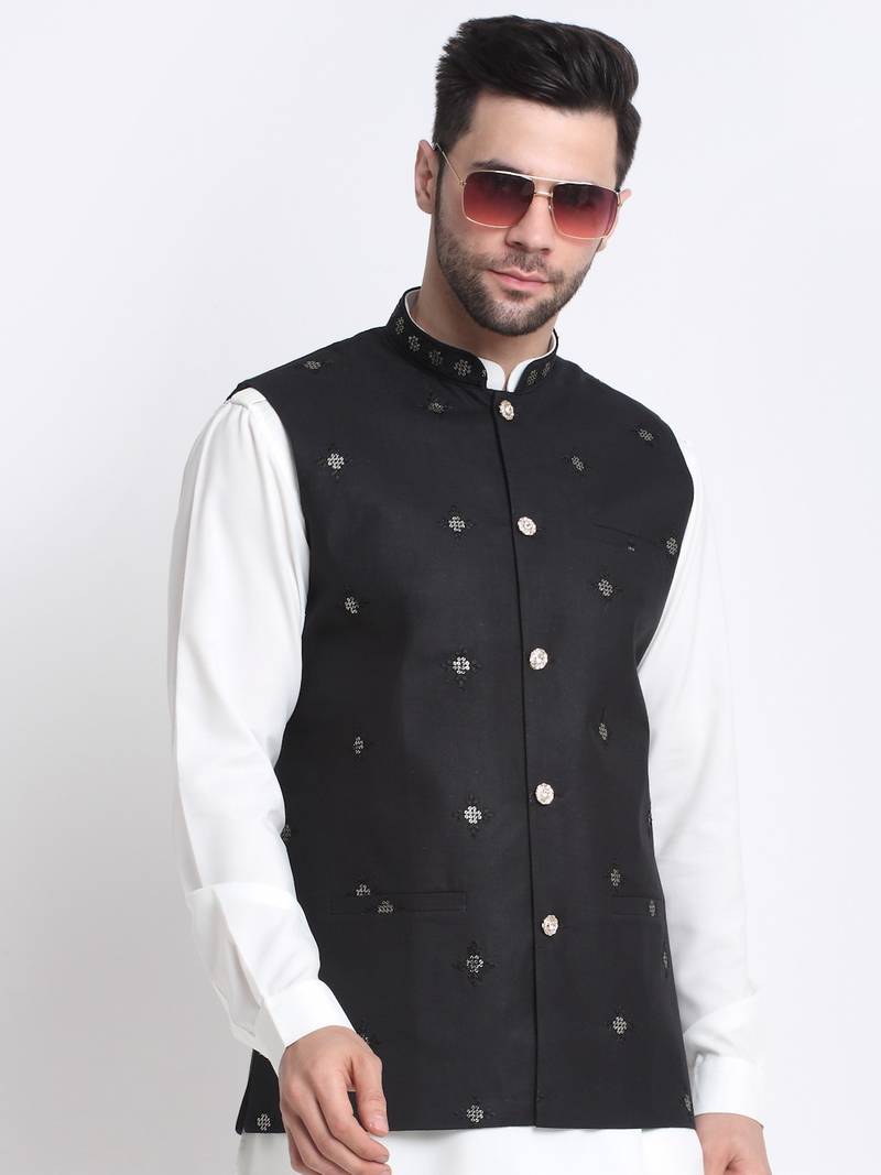 Men Cotton White Pathani Kurta & Salwar with Black Jacket