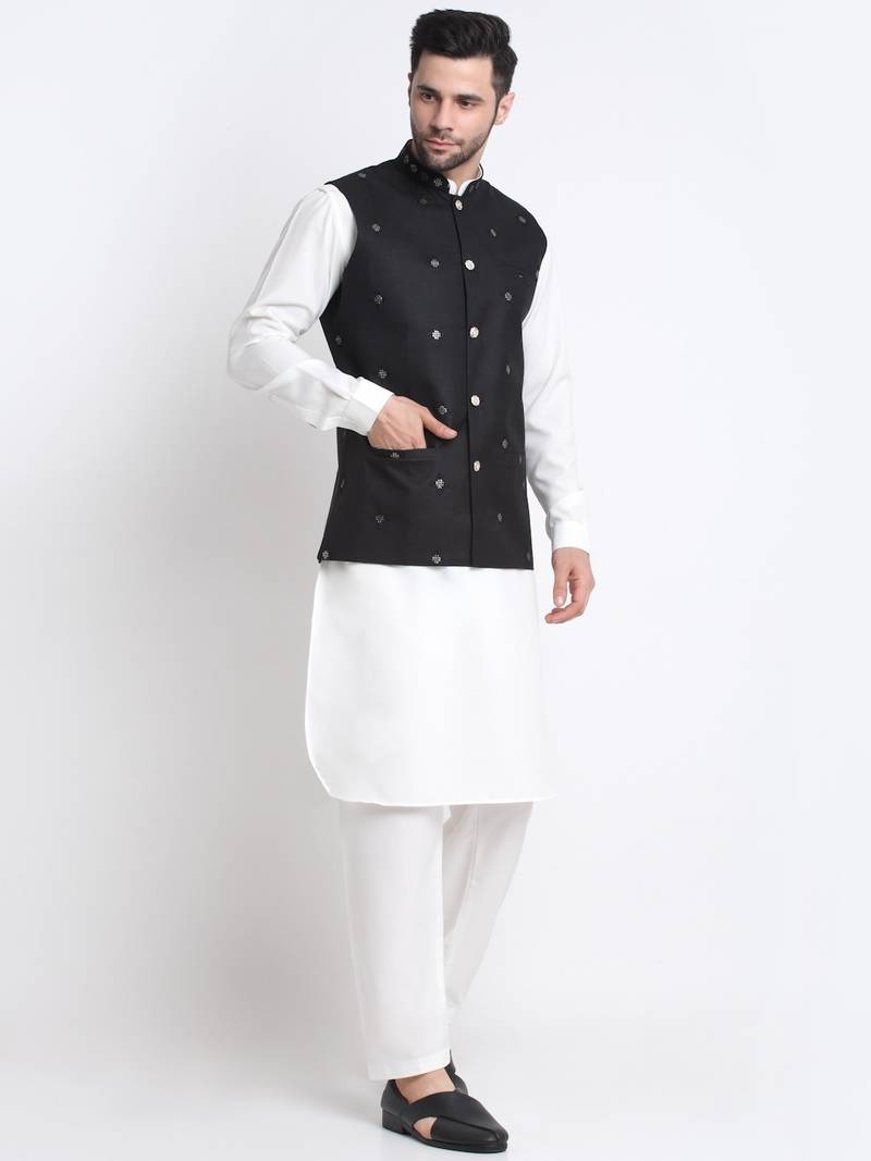 Men Cotton White Pathani Kurta & Salwar with Black Jacket