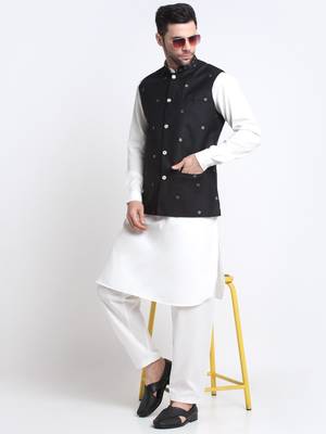 Men Cotton White Pathani Kurta & Salwar with Black Jacket 5