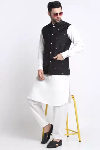 Men Cotton White Pathani Kurta & Salwar with Black Jacket