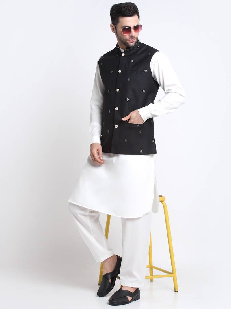Men Cotton White Pathani Kurta & Salwar with Black Jacket