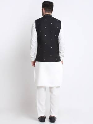 Men Cotton White Pathani Kurta & Salwar with Black Jacket 6