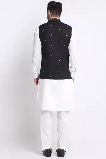 Men Cotton White Pathani Kurta & Salwar with Black Jacket