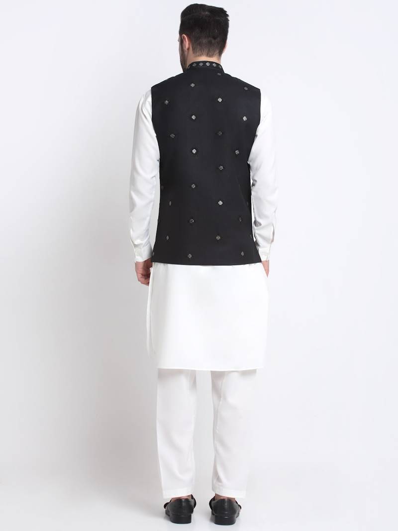 Men Cotton White Pathani Kurta & Salwar with Black Jacket