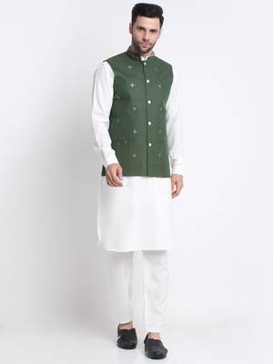 Men Cotton White Pathani Kurta & Salwar with Green Jacket 1