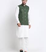 Men Cotton White Pathani Kurta & Salwar with Green Jacket