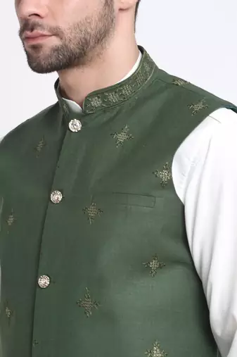 Men Cotton White Pathani Kurta & Salwar with Green Jacket