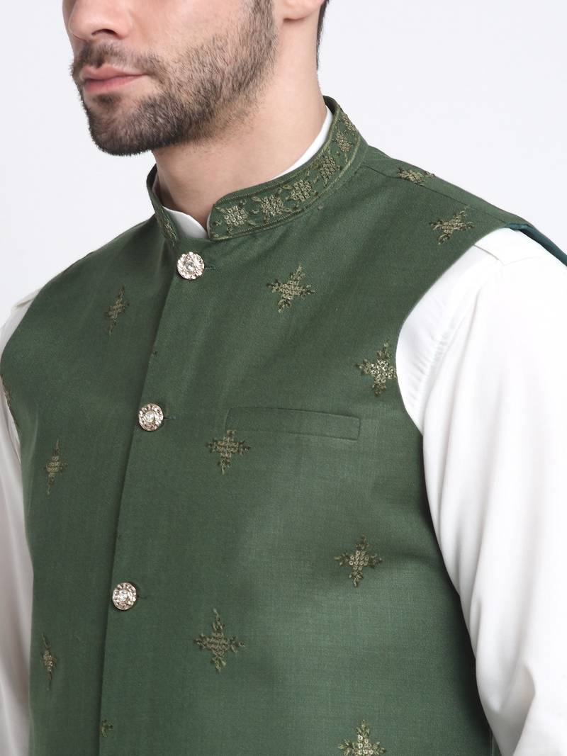 Men Cotton White Pathani Kurta & Salwar with Green Jacket
