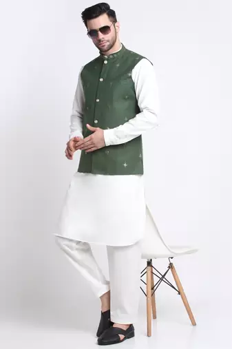 Men Cotton White Pathani Kurta & Salwar with Green Jacket