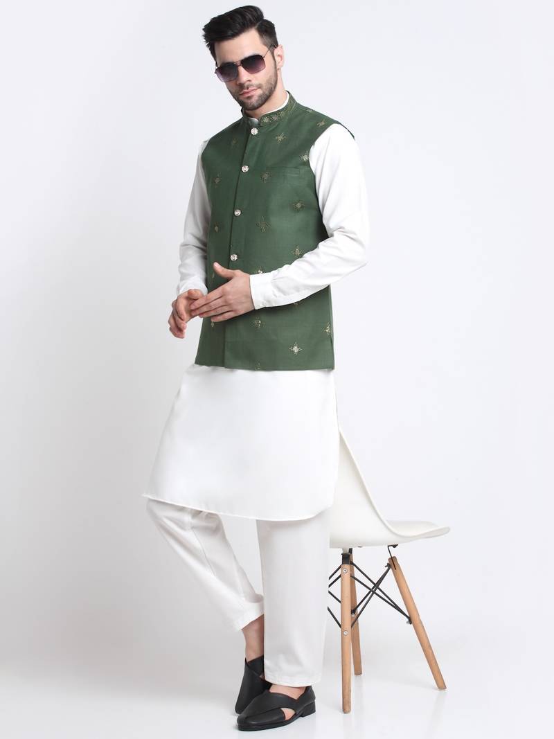 Men Cotton White Pathani Kurta & Salwar with Green Jacket