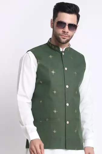 Men Cotton White Pathani Kurta & Salwar with Green Jacket