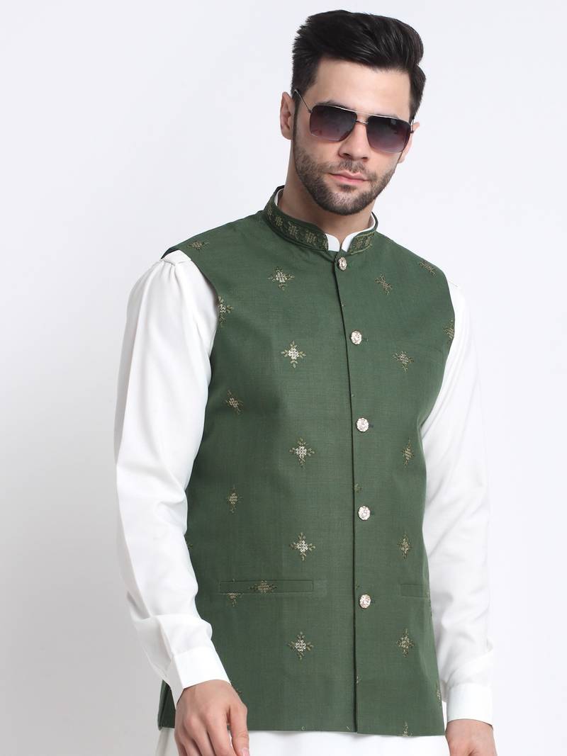Men Cotton White Pathani Kurta & Salwar with Green Jacket