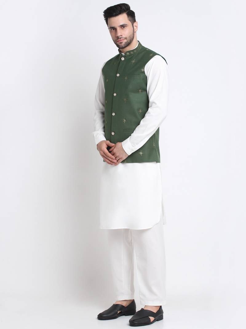 Men Cotton White Pathani Kurta & Salwar with Green Jacket