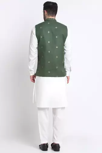 Men Cotton White Pathani Kurta & Salwar with Green Jacket