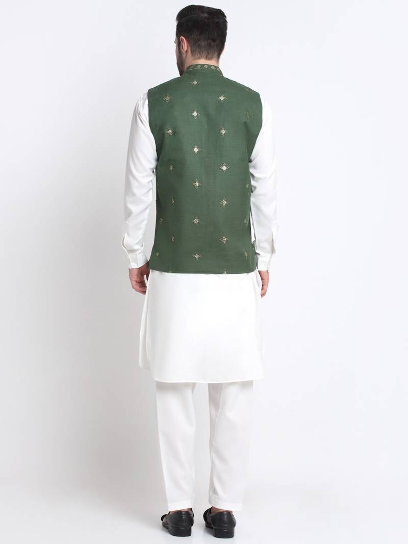 Men Cotton White Pathani Kurta & Salwar with Green Jacket