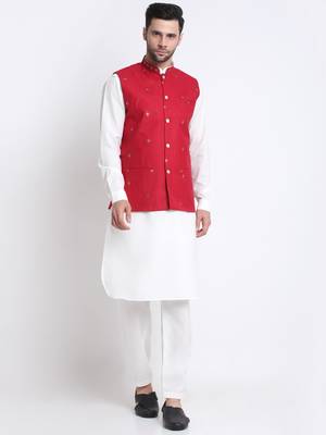 Men Cotton White Pathani Kurta & Salwar with Red Jacket 1