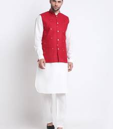 Men Cotton White Pathani Kurta & Salwar with Red Jacket