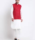 Men Cotton White Pathani Kurta & Salwar with Red Jacket