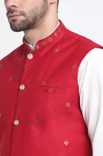 Men Cotton White Pathani Kurta & Salwar with Red Jacket