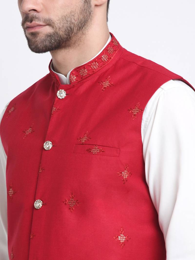 Men Cotton White Pathani Kurta & Salwar with Red Jacket