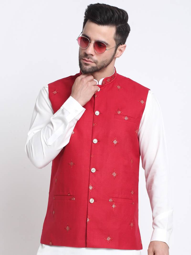 Men Cotton White Pathani Kurta & Salwar with Red Jacket