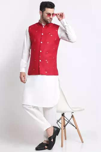 Men Cotton White Pathani Kurta & Salwar with Red Jacket
