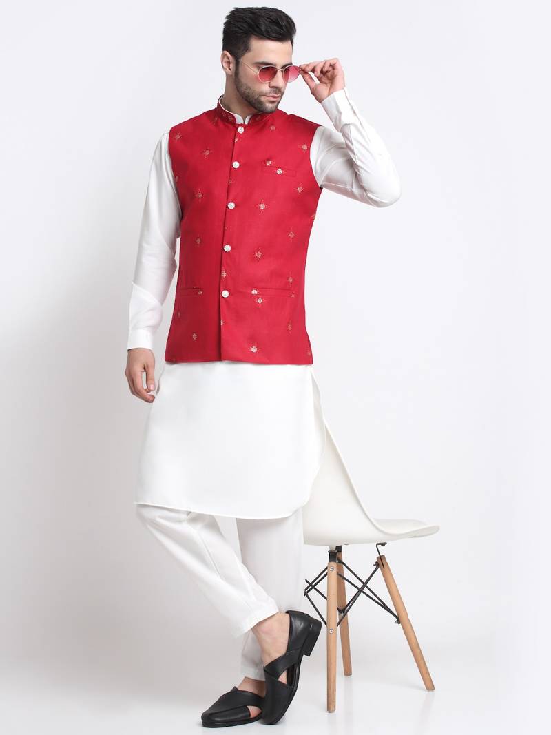Men Cotton White Pathani Kurta & Salwar with Red Jacket
