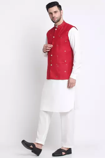Men Cotton White Pathani Kurta & Salwar with Red Jacket
