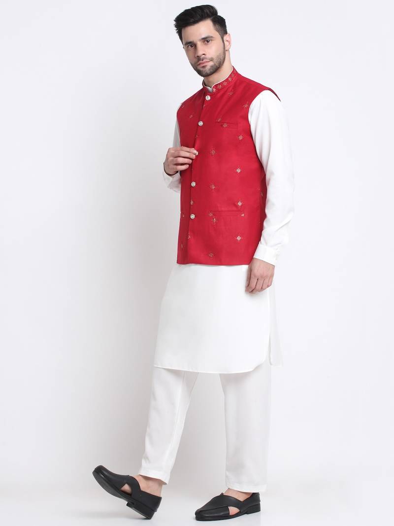 Men Cotton White Pathani Kurta & Salwar with Red Jacket