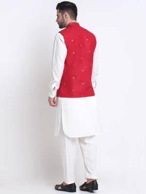 Men Cotton White Pathani Kurta & Salwar with Red Jacket 6