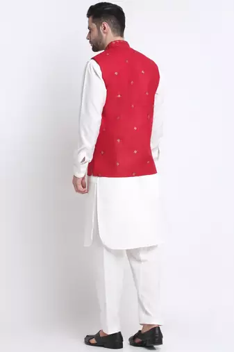 Men Cotton White Pathani Kurta & Salwar with Red Jacket