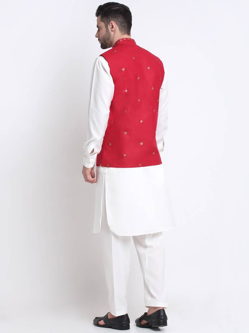 Men Cotton White Pathani Kurta & Salwar with Red Jacket